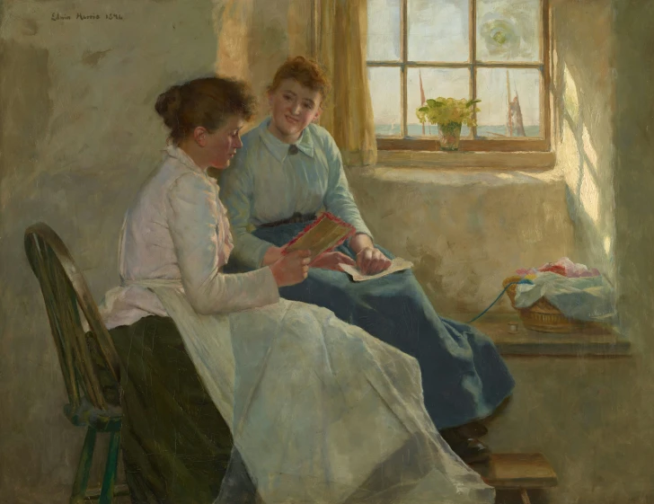 a painting of two woman looking at a book