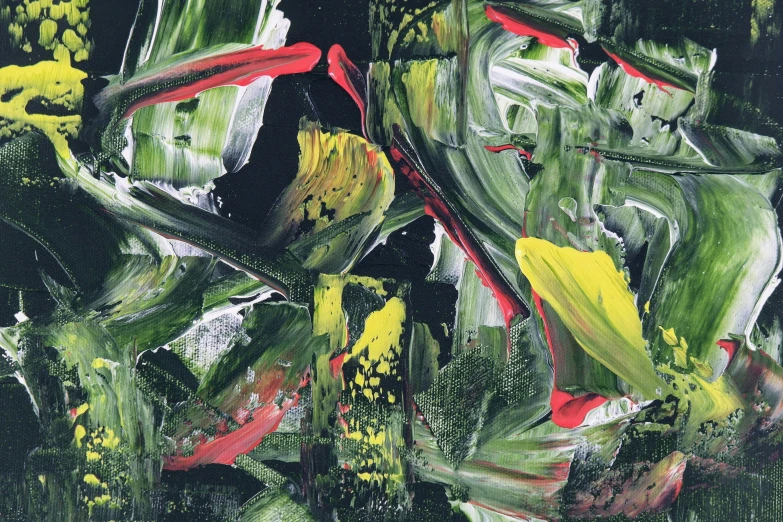 a painting with green and red flowers in it