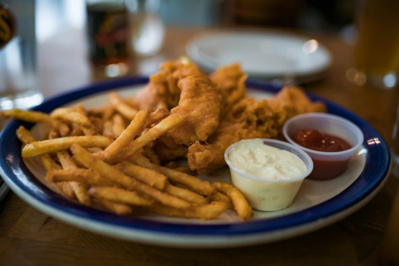 the plate has fries and ketchup on it