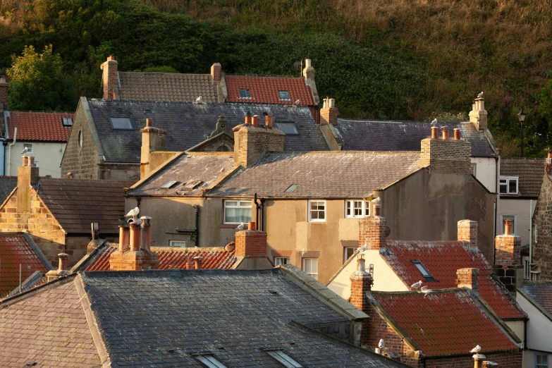 rooftops and houses in a hilly area with mountains in the background