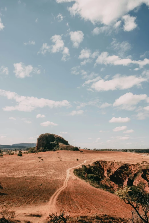 a large field with a dirt road near an outback hill