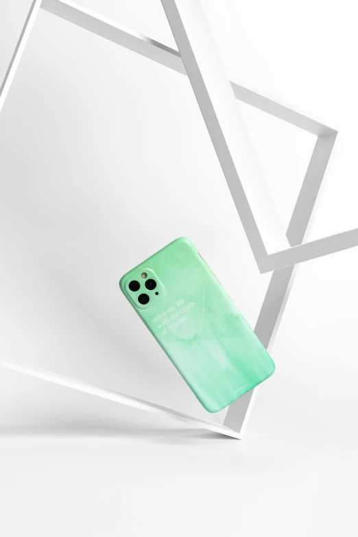 the light green case is positioned as part of an artwork display