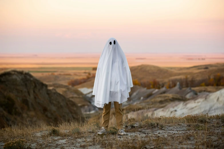 an ghostly person dressed in a white ghost suit standing on a hill