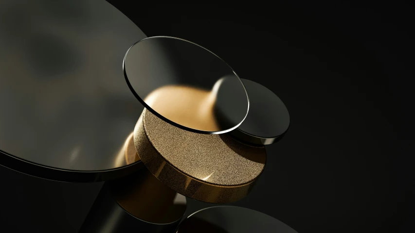 the three round mirrors are set against a black background