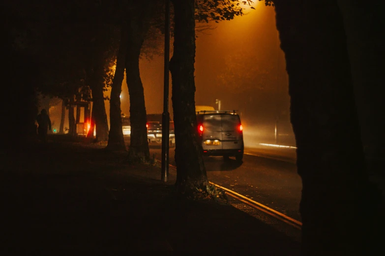 car on roadway in foggy night near trees