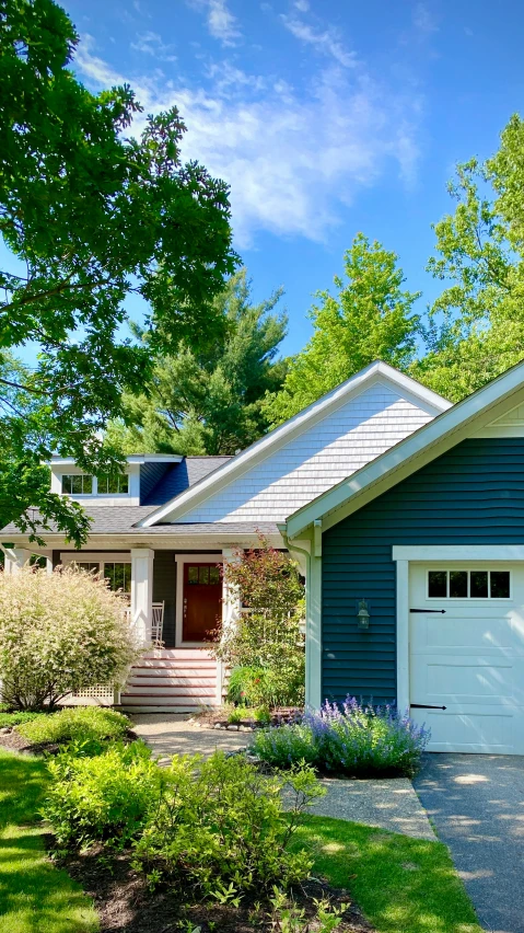 a house with trees, bushes and shrubs around it