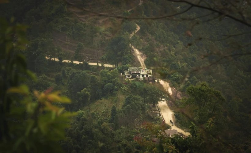 truck on road going around hill surrounded by trees