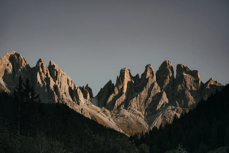 the tall mountains covered in trees with a gray sky behind them