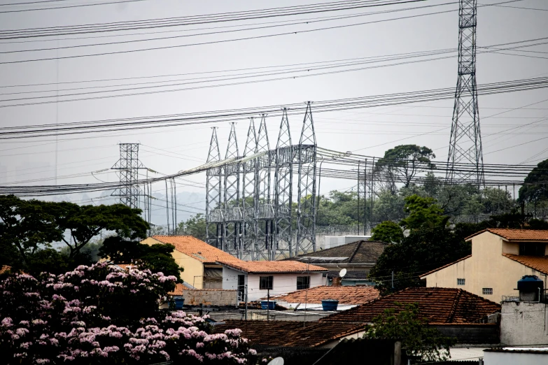 a city view with power lines and telephone wires