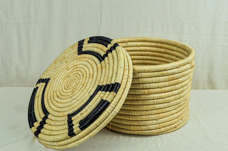 a set of baskets are stacked on a table