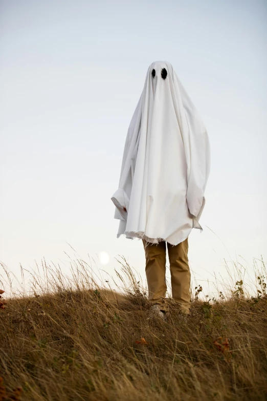 a man in a white cloak stands on top of a hill