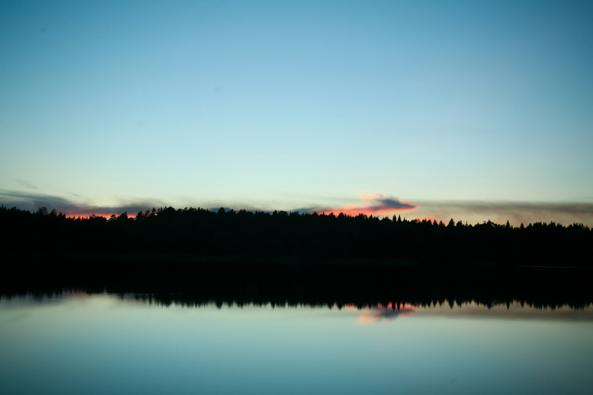 trees on hill near water during dusk with blue sky