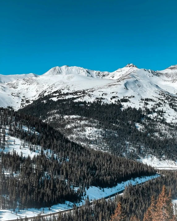 the mountains are covered in snow and trees