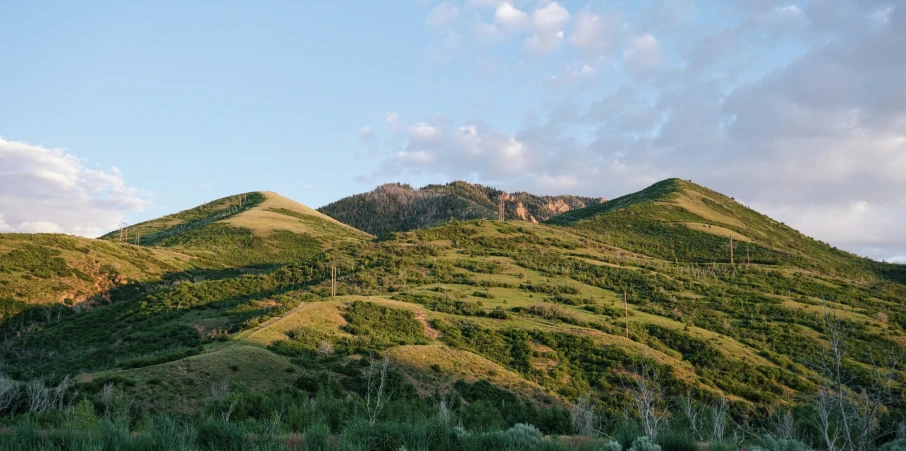 the mountains covered in grass and bushes, with clouds in the background