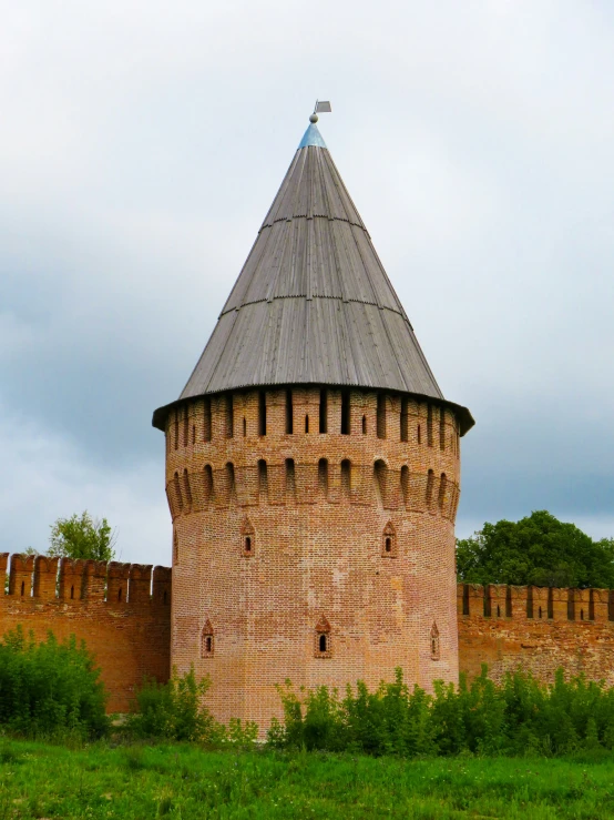 the castle has a pointed tower with several windows