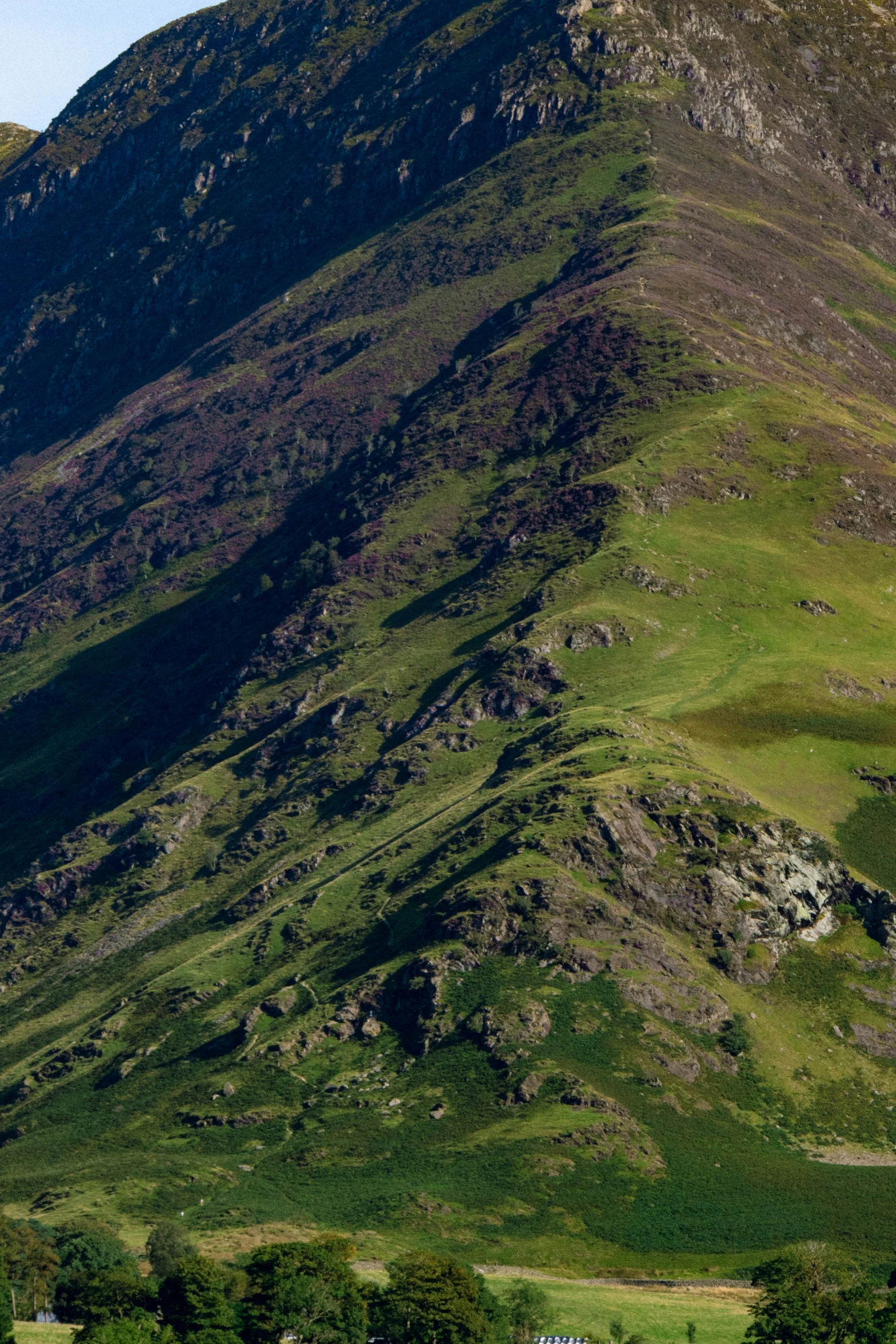 a mountain covered in green grass near a river