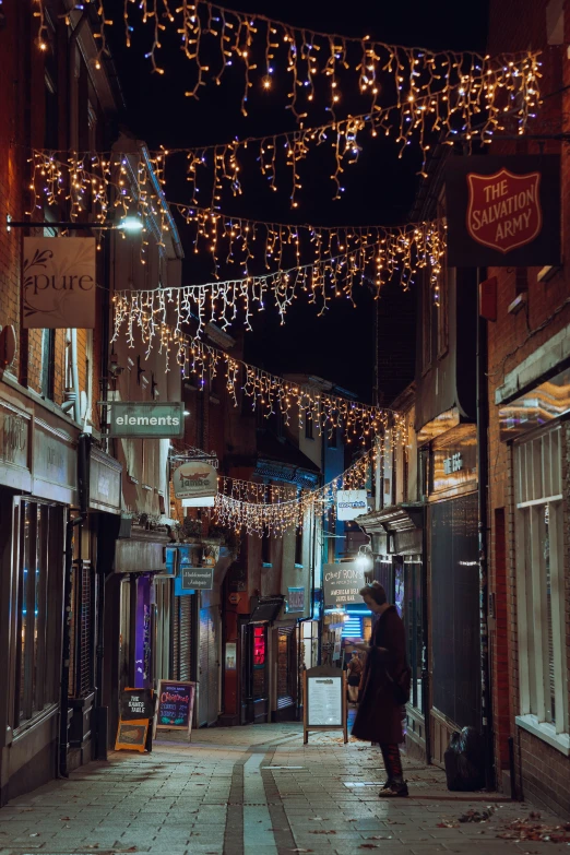 a city street covered in christmas lights and buildings