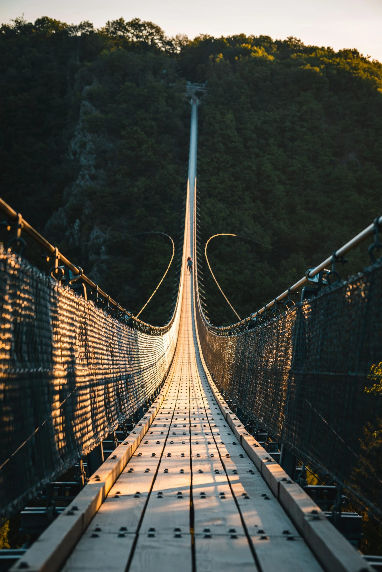 a long suspension bridge crossing over a mountain side