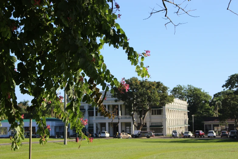 the large house is across from the other two buildings