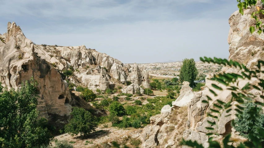 the view of a valley in the mountains in the background