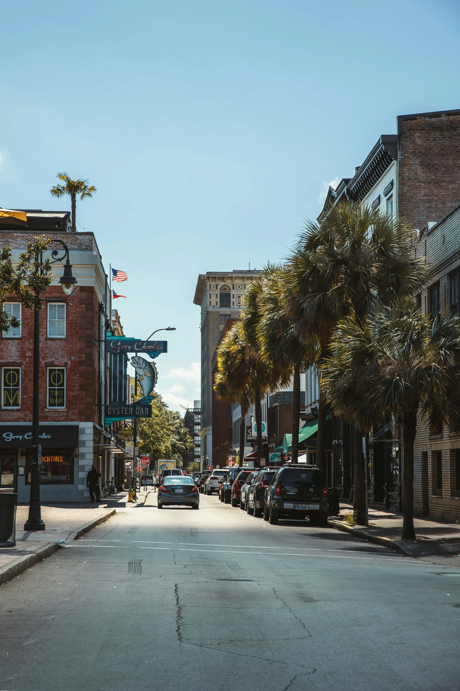 a narrow city street is full of palm trees