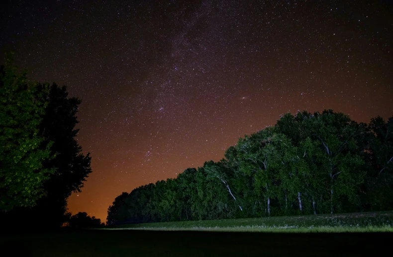 the night sky filled with stars and lights over a lush green field