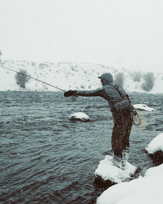 a man fishing in a lake on the banks