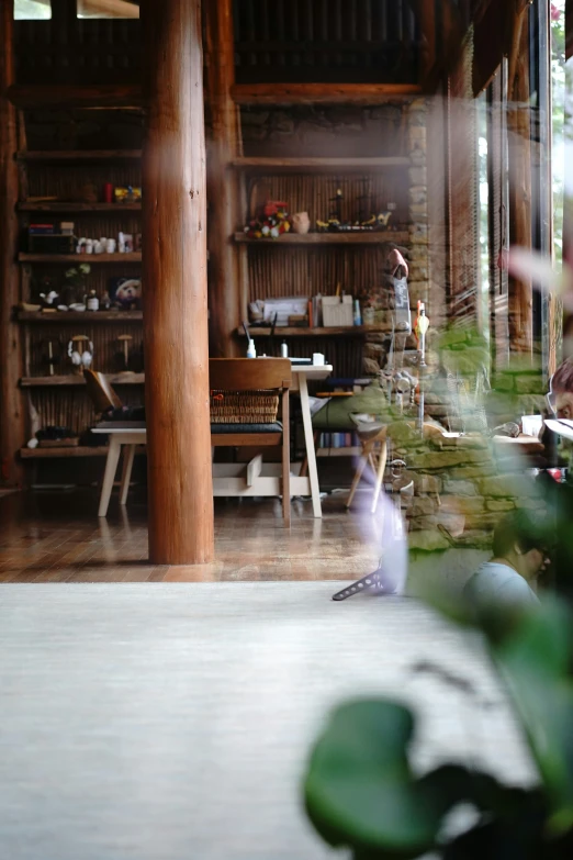 the inside of a store with several objects on the shelf