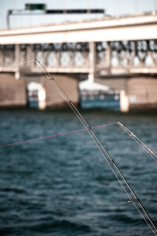 fishing rods are hanging out near the water and a bridge