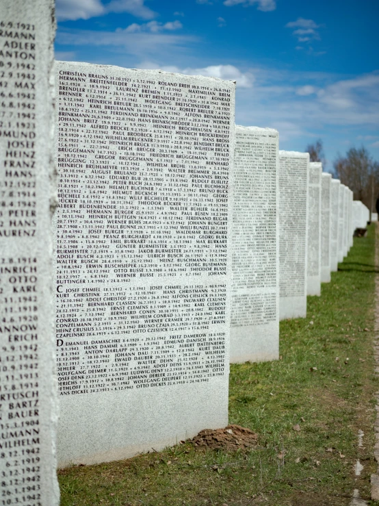 rows of memorial plaques lined up on the grass