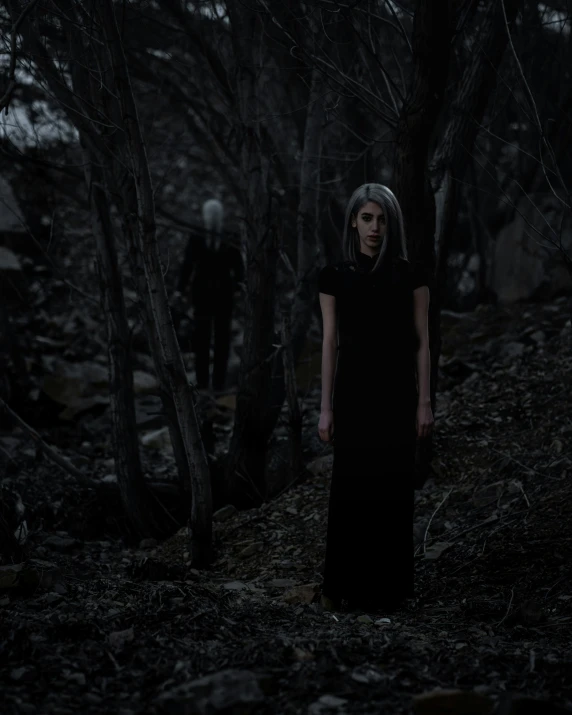 a ghostly woman in a black dress stands in the woods