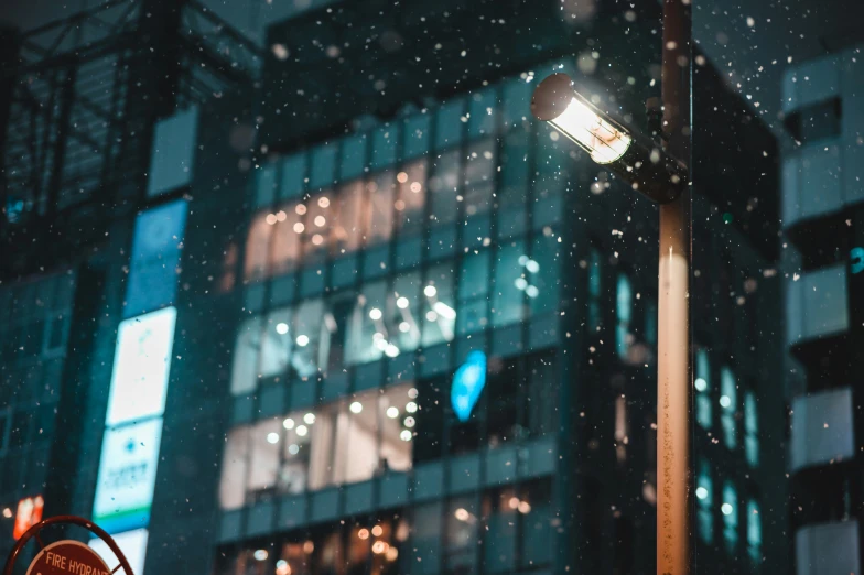 an image of a wet streetlight outside of the building