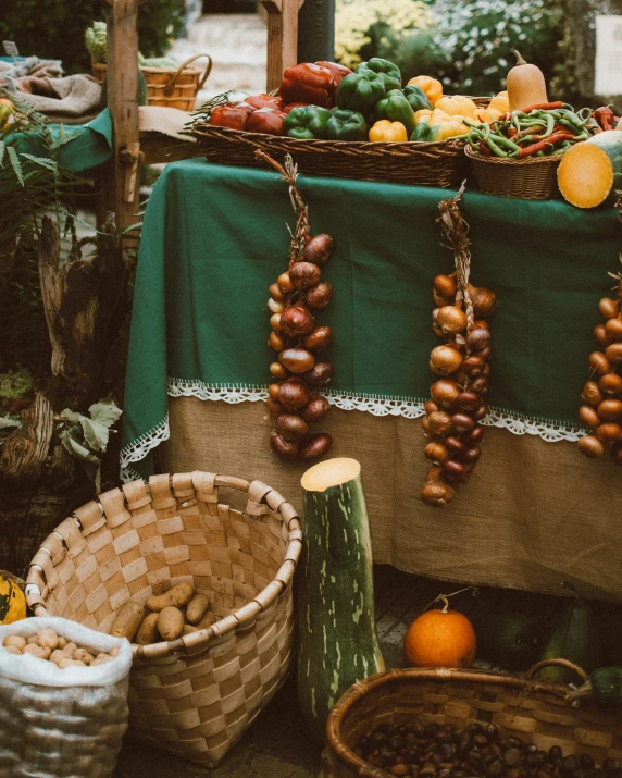 a number of fruits and vegetables near two baskets