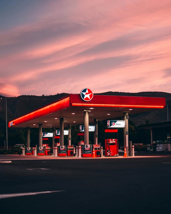 a gas station with a large number of machines on the pump