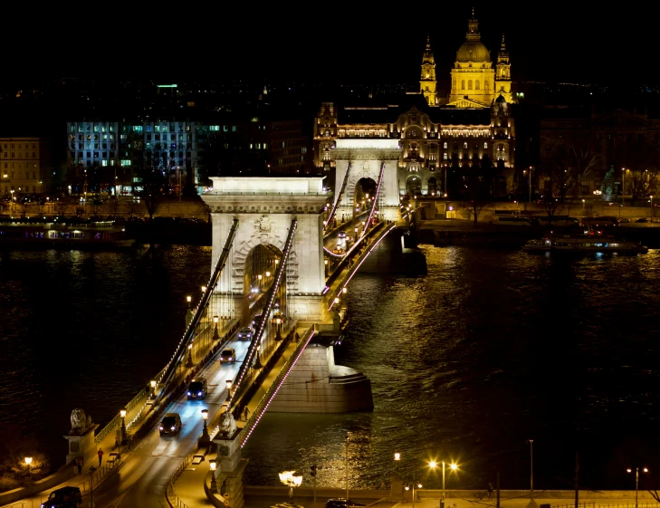 night view of a lighted bridge and the skyline