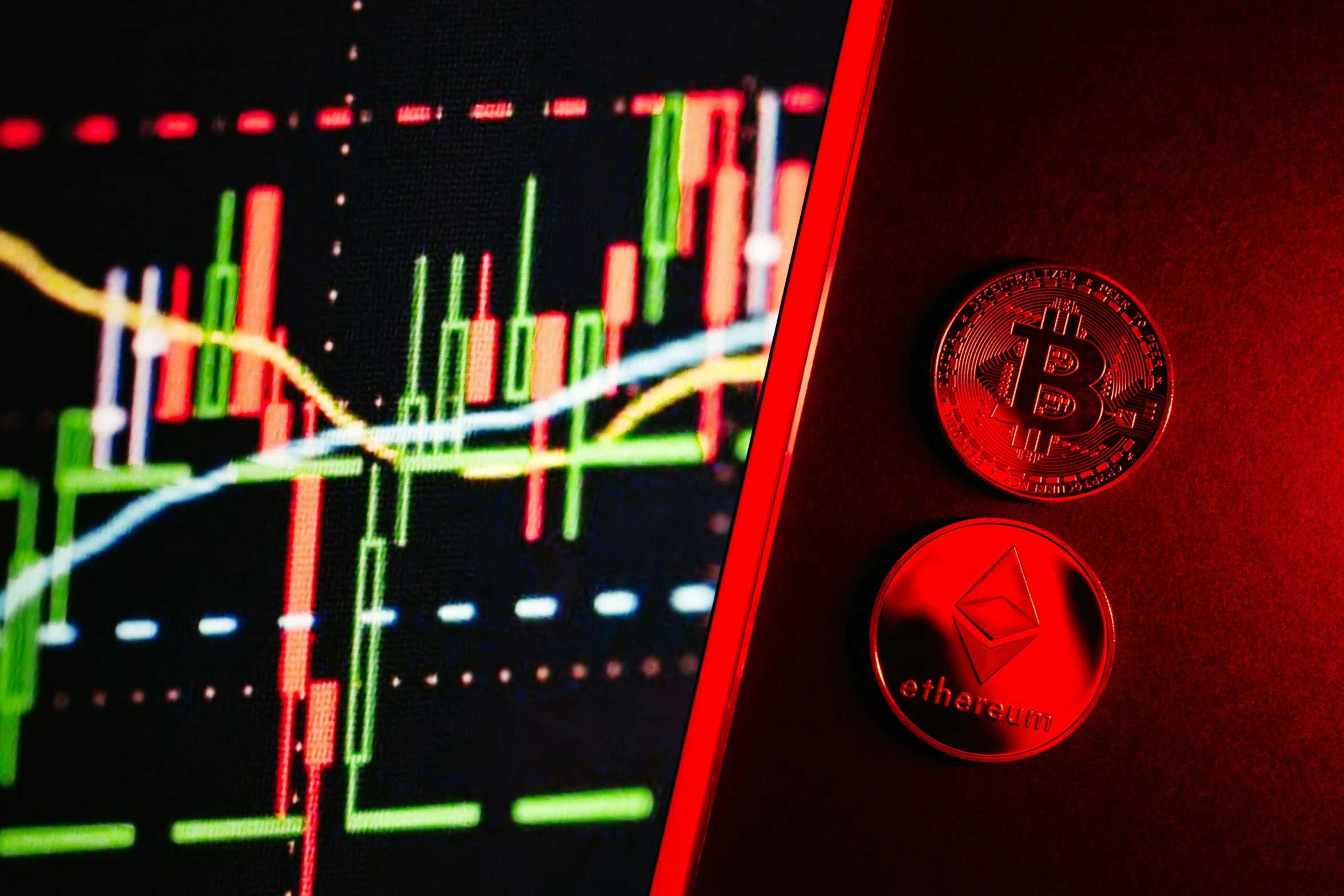 some different types of coin and graph in red light