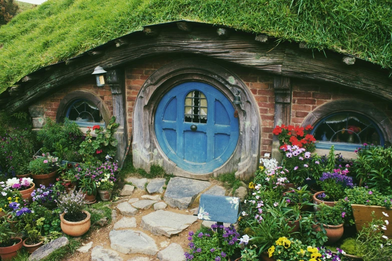 a hobboo house with blue doors surrounded by flowers