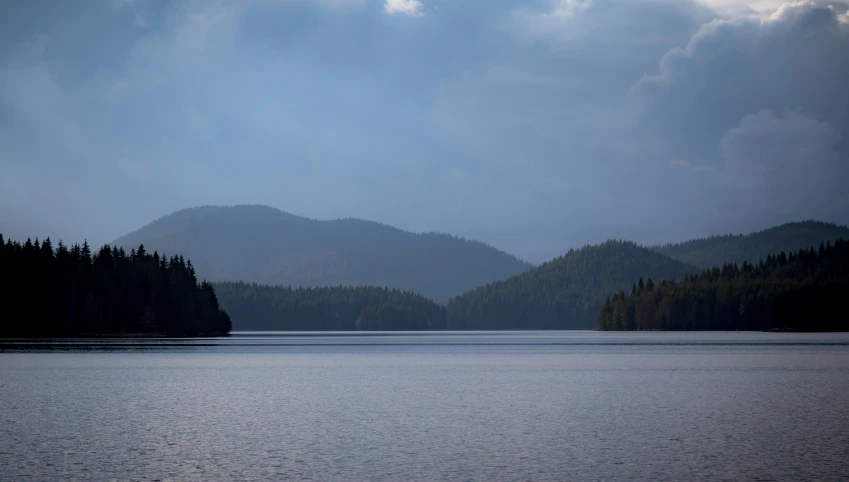 a lake surrounded by tall trees under a cloudy sky