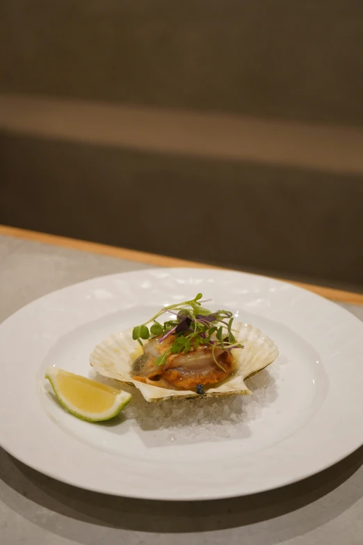 an appetizer with a garnish and half - eaten lime on a plate