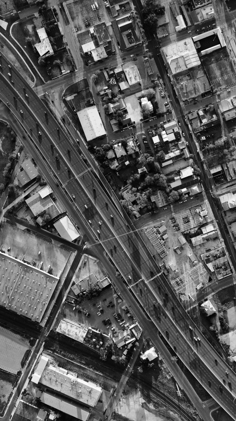 black and white aerial po of a highway junction