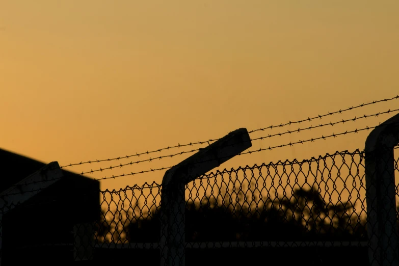 sunset behind a row of barbed wire fence