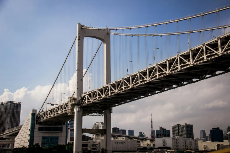 a bridge with tall buildings and a blue sky