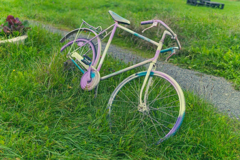 an old rusty bike lays on a grassy hill