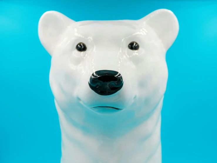 a white plastic polar bear has his nose obscured in the blue background