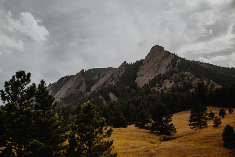 mountains surrounded by trees on a cloudy day