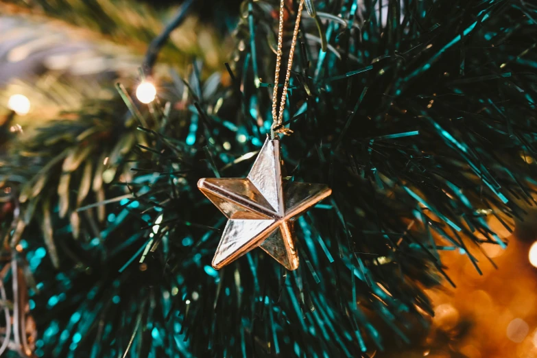 an ornament on a green christmas tree