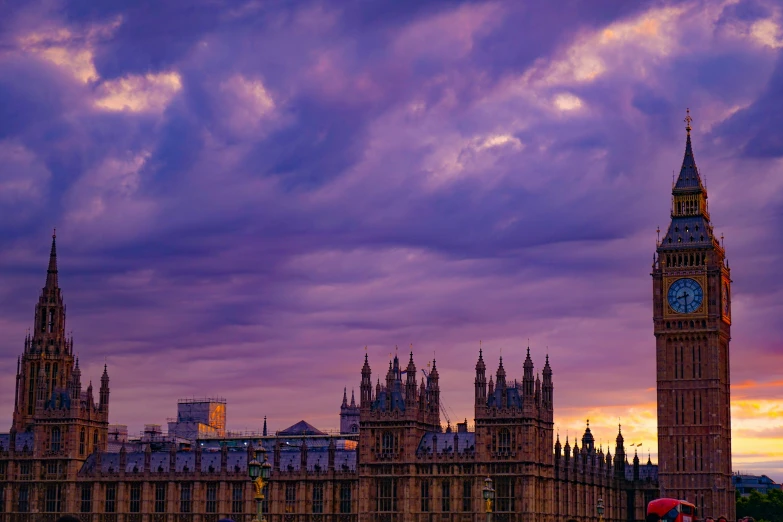 a sunset view with a large clock tower