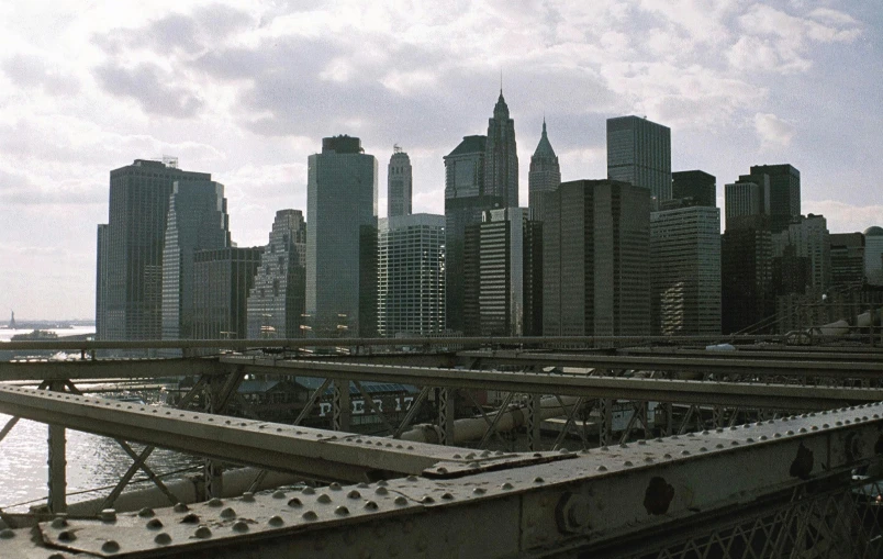 a train is traveling through the tall buildings