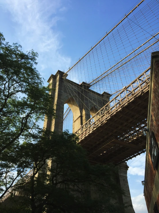 there is a very tall bridge with a view of trees and a building