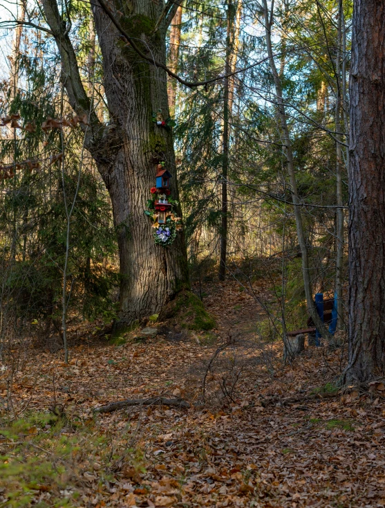 there is a toy in the middle of some trees
